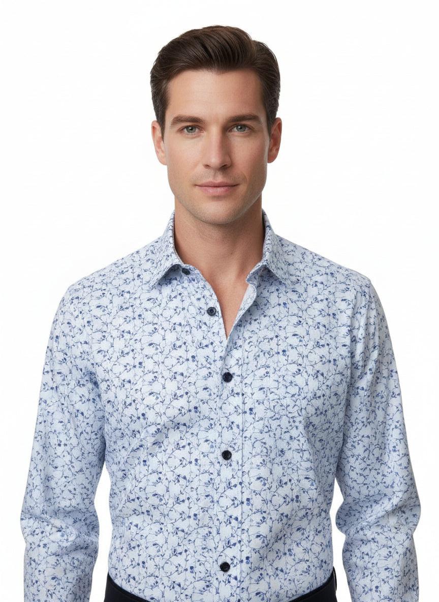Botanical Navy and Blue Print On White Background Business Casual Printed Shirt