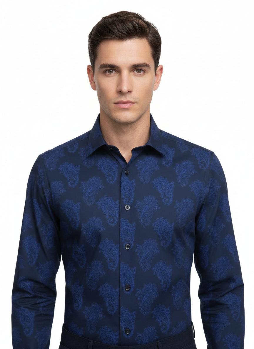 Large Navy Paisley on Black Background Printed Business Casual Shirt