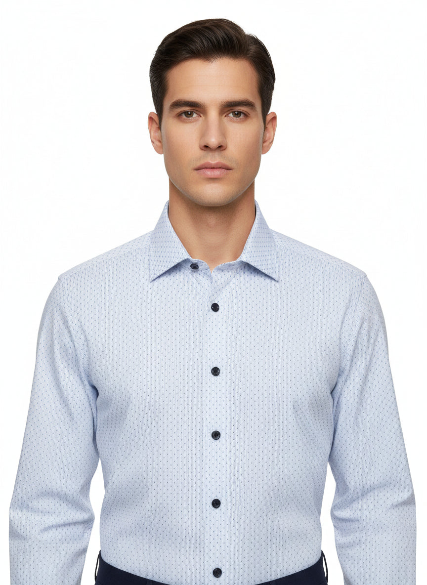 Blue Hairline Stripe With Micro-Design On White Background Printed Business Casual Shirt