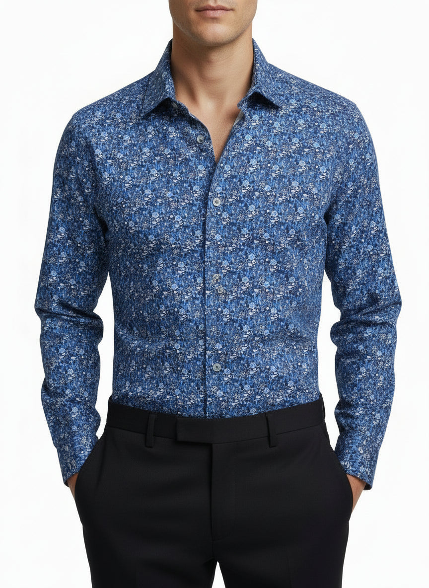 Sky Blue and White Dense, Multi-Tonal Botanical Print On Black Background Printed Business Casual Shirt