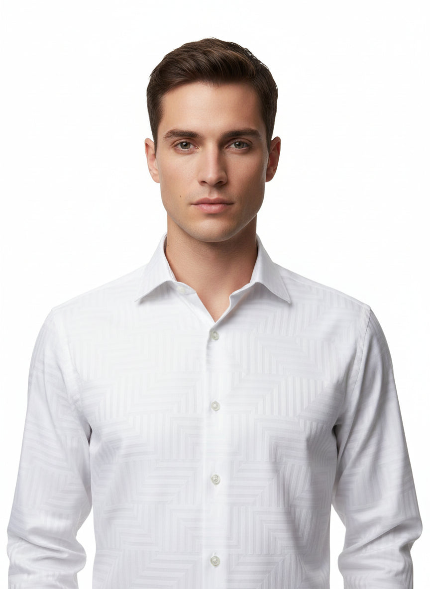 White Dobby Self Design Casual Shirt