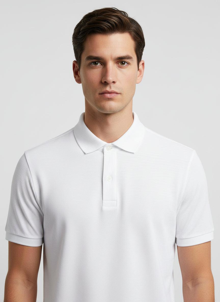 White Knitted Pique Polo Shirt Short Sleeve