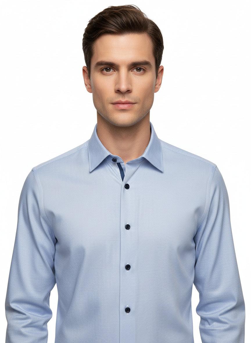 BLUE MICRO HOUNDSTOOTH DRESS SHIRT WITH CONTRASTING BUTTONS, COLLAR AND CUFF