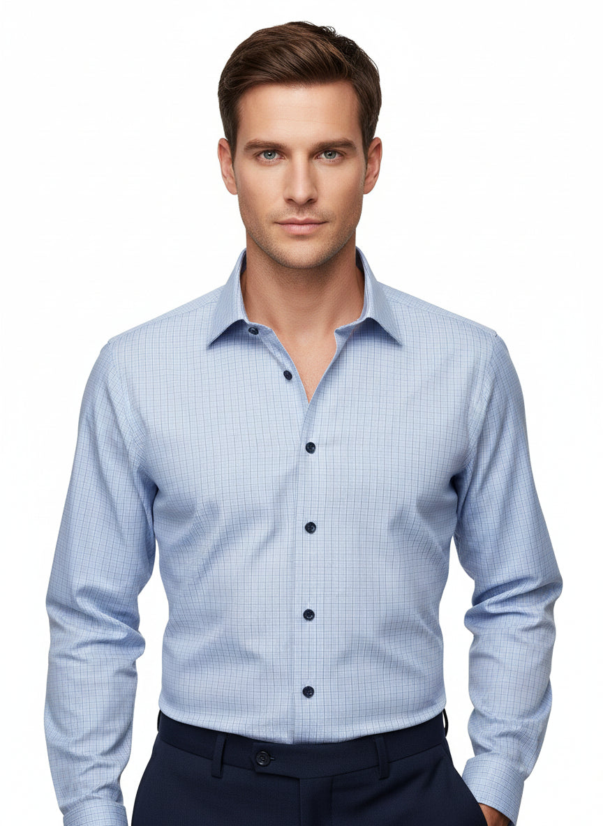 BLUE AND BLACK OVERCHECK DRESS SHIRT