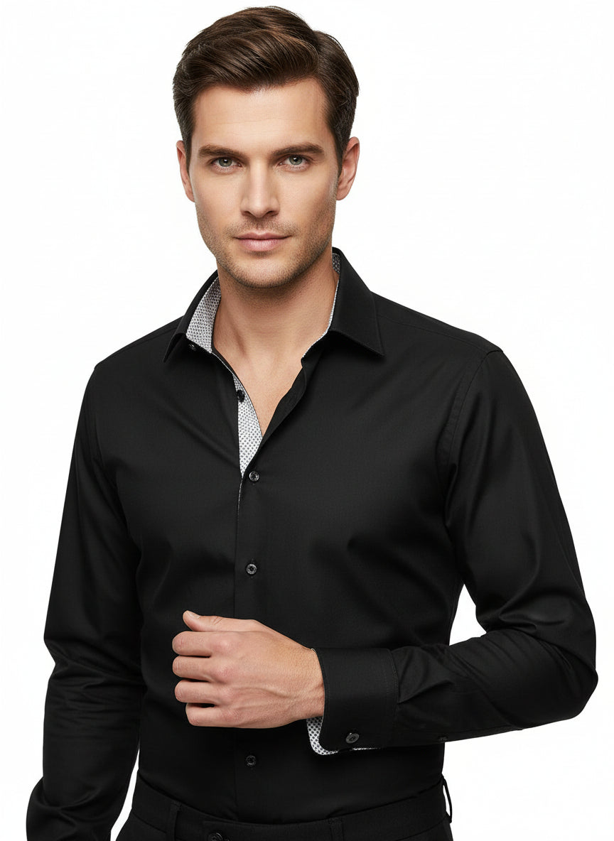 BLACK MICRO TWILL DRESS SHIRT WITH CONTRASTING BUTTONS, COLLAR AND CUFF