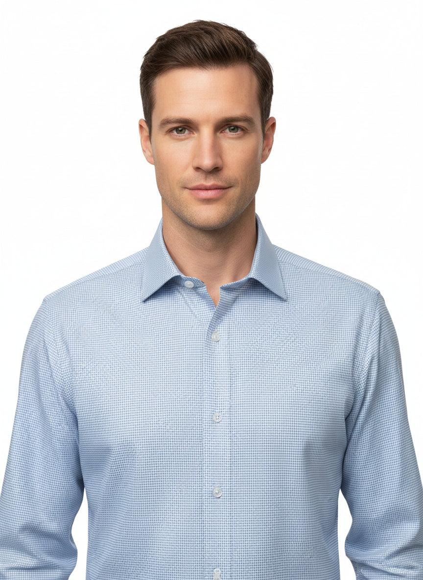 SKY BLUE MINI TATTERSALL FINE TWILL DRESS SHIRT