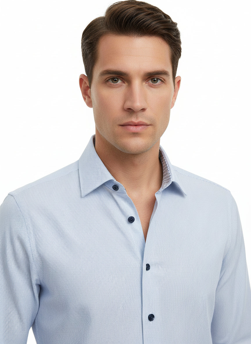 BLUE HAIRLINE DRESS SHIRT WITH CONTRASTING BUTTONS, COLLAR AND CUFF