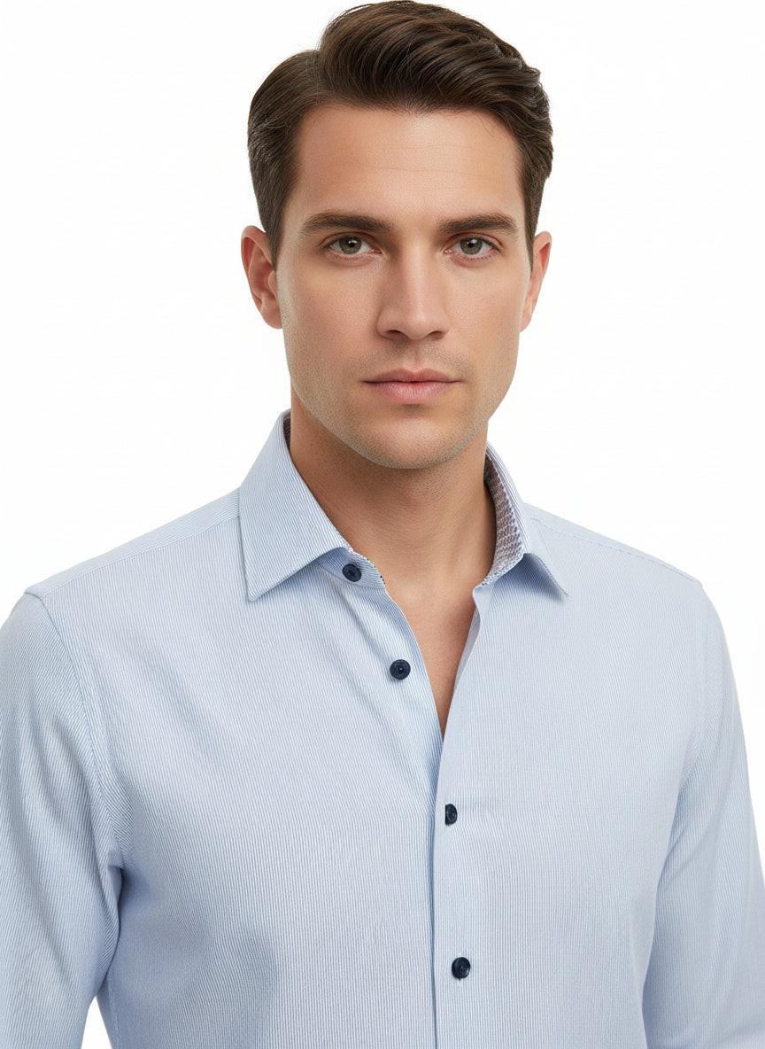 BLUE HAIRLINE DRESS SHIRT WITH CONTRASTING BUTTONS, COLLAR AND CUFF