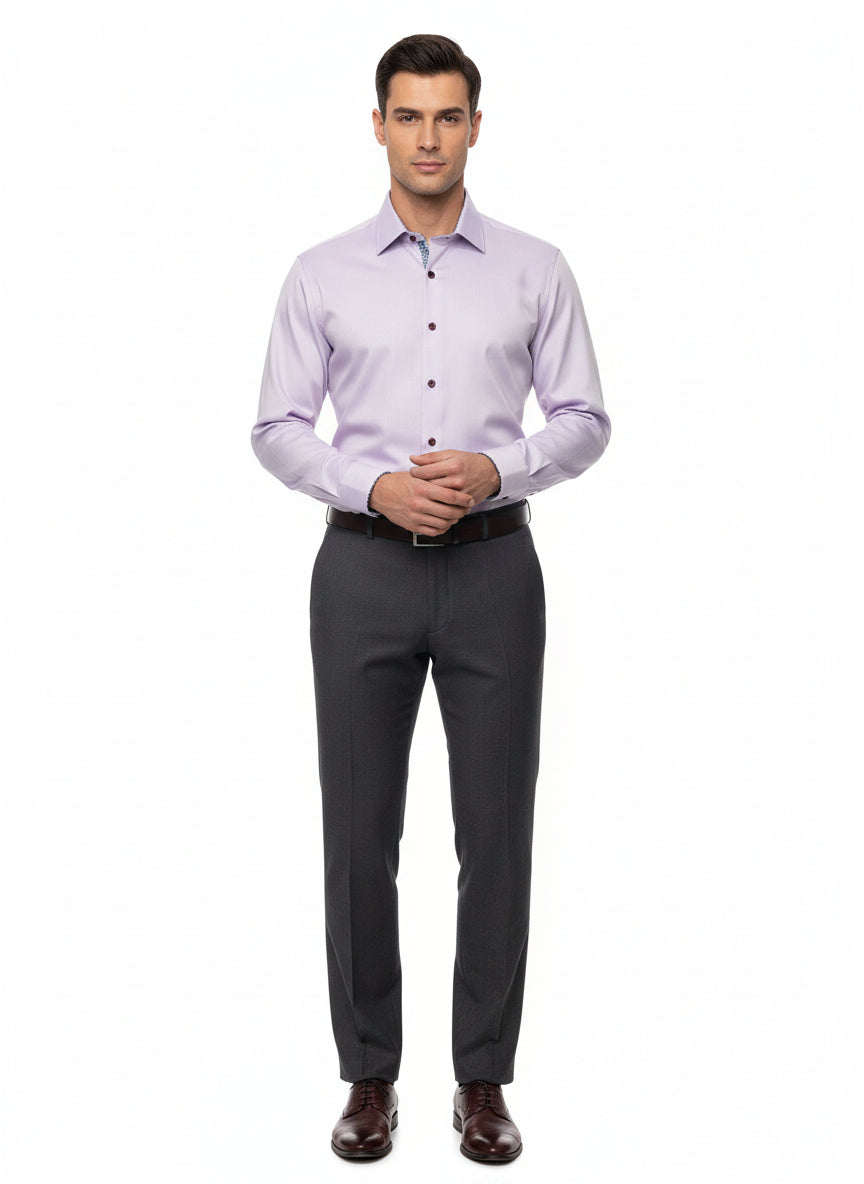 LILAC MICRO TWILL DRESS SHIRT WITH CONTRASTING BUTTONS, COLLAR AND CUFF