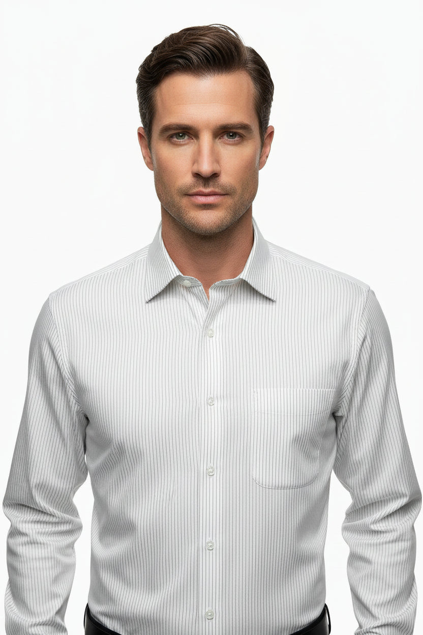 NAVY AND BLACK STRIPE ON WHITE EGYPIAN COTTON NON IRON DRESS SHIRT