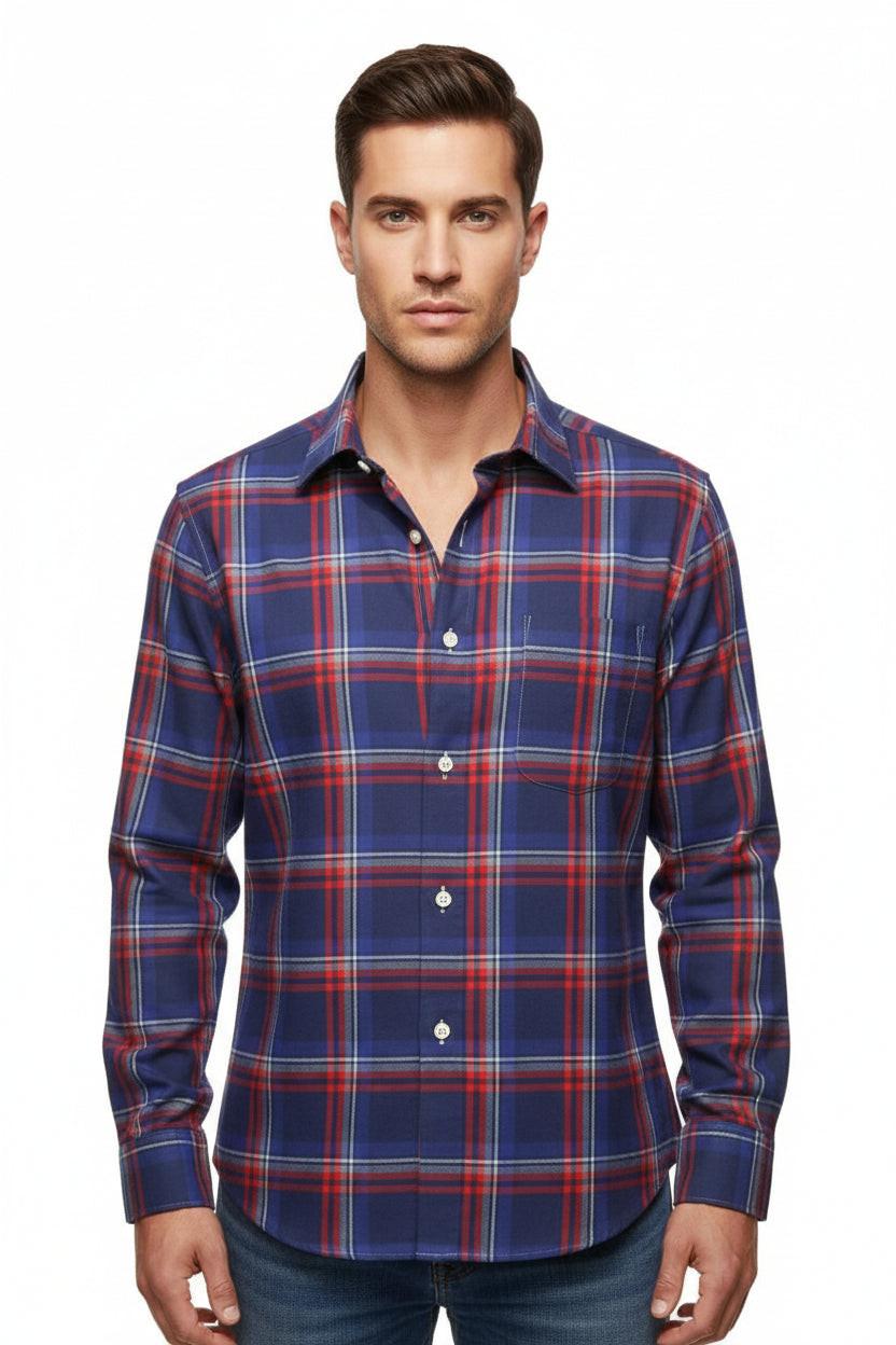 Navy Flannel Shirt with Red and white windowpane