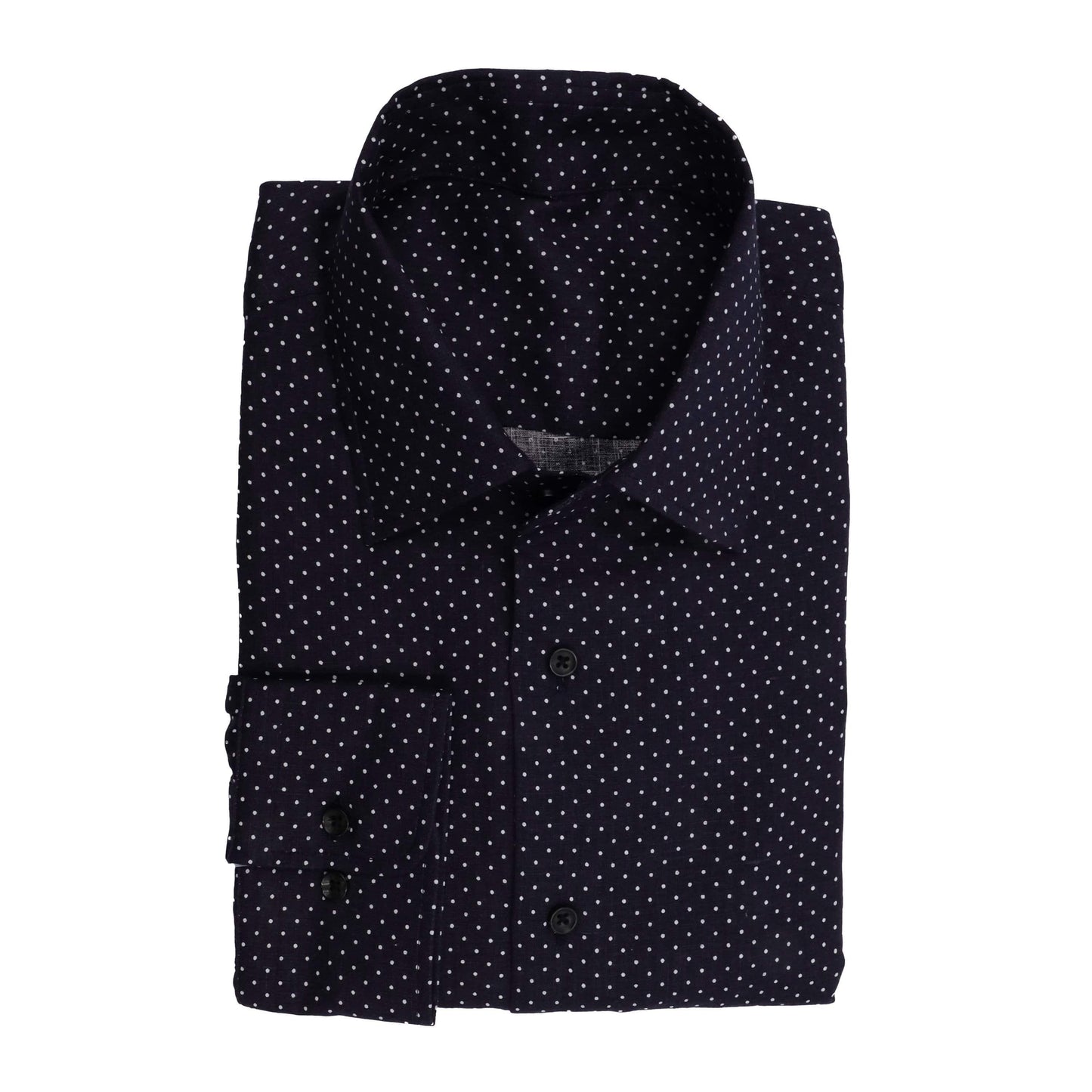 Linen Sports Shirt White Polka Dots on Dark Navy background - Just White Shirts