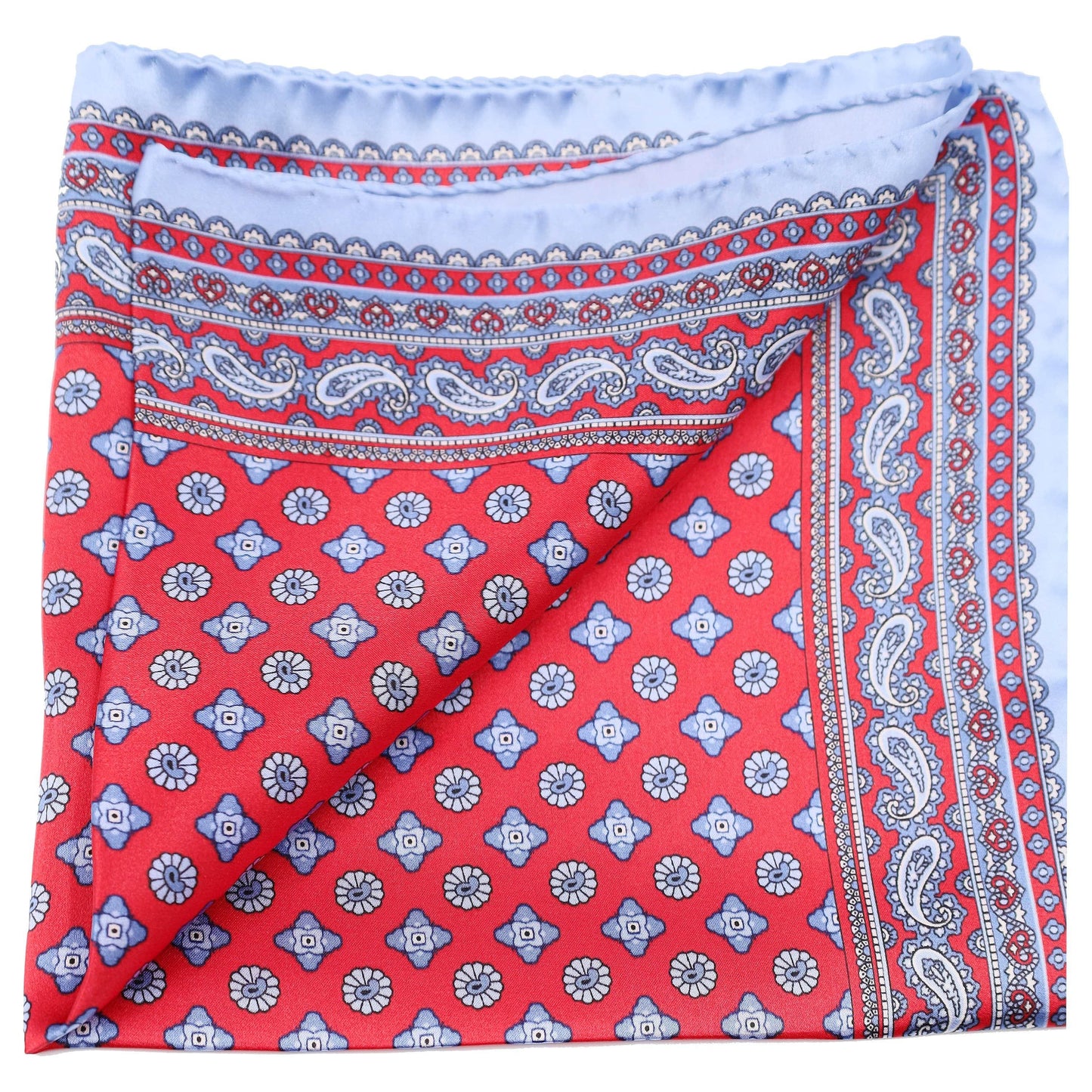 Sky Blue Foulard on Red Silk Pocket SQuare - Just White Shirts