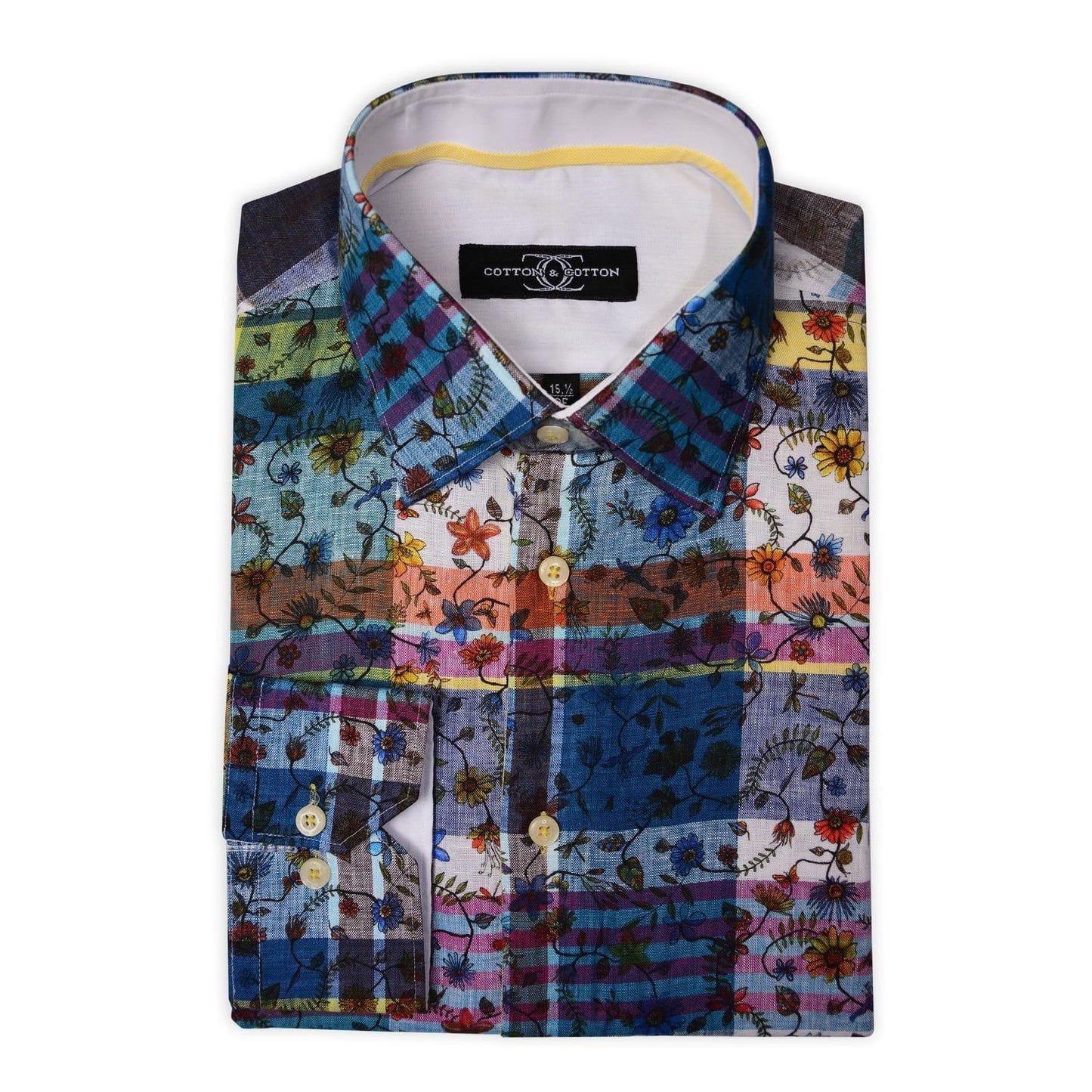 Sports Shirt Linen Overcheck with Floral Design - Just White Shirts