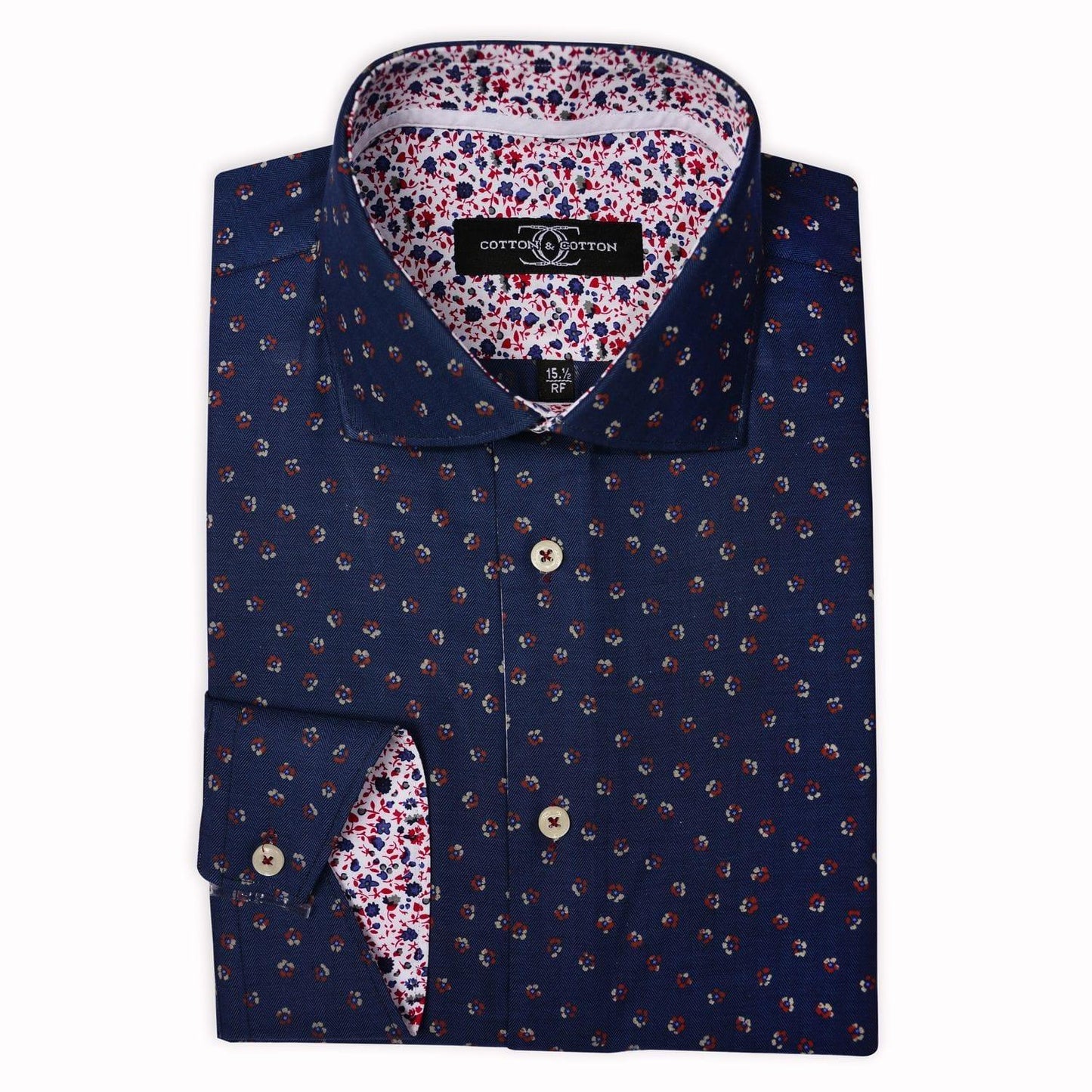 Sports Shirt Navy Blue Herringbone with Jaquard Motif - Just White Shirts