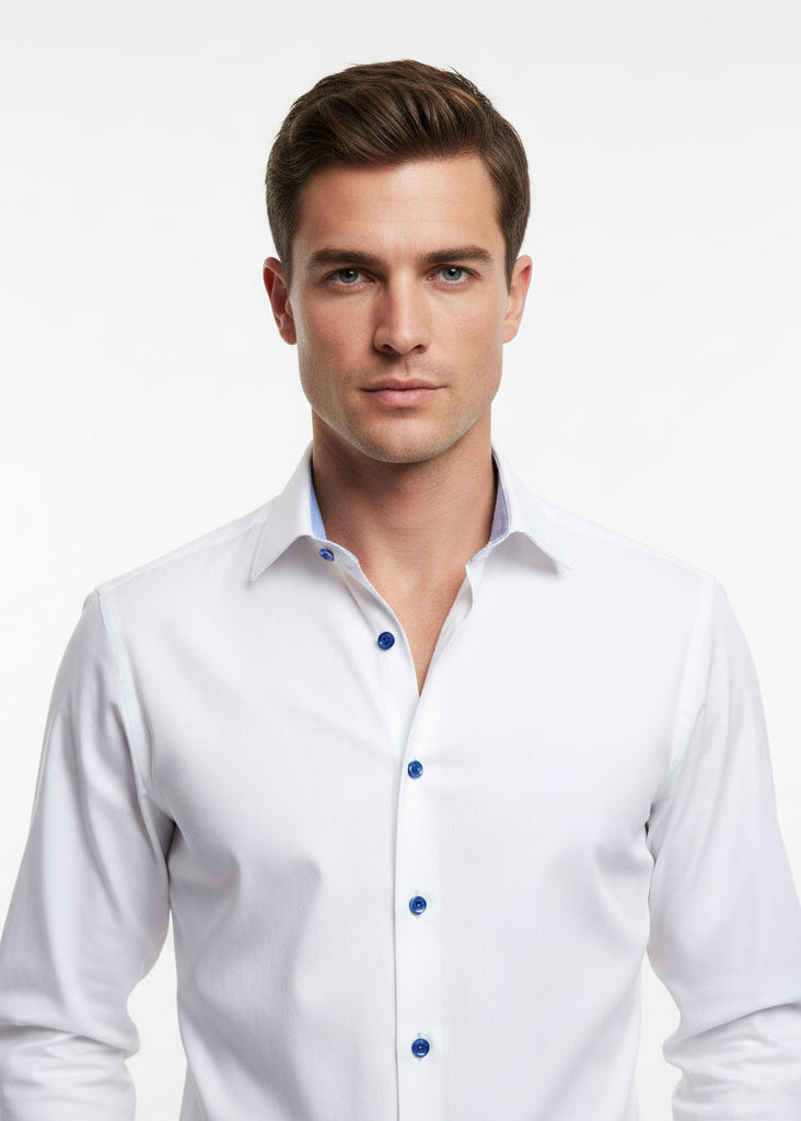 WHITE DRESS SHIRT WITH CONTRASTING BUTTONS, COLLAR AND CUFF