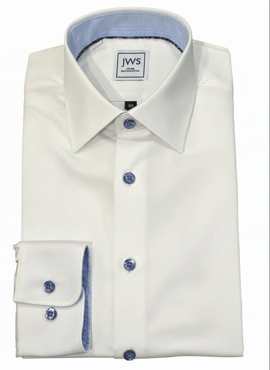 WHITE DRESS SHIRT WITH CONTRASTING BUTTONS, COLLAR AND CUFF