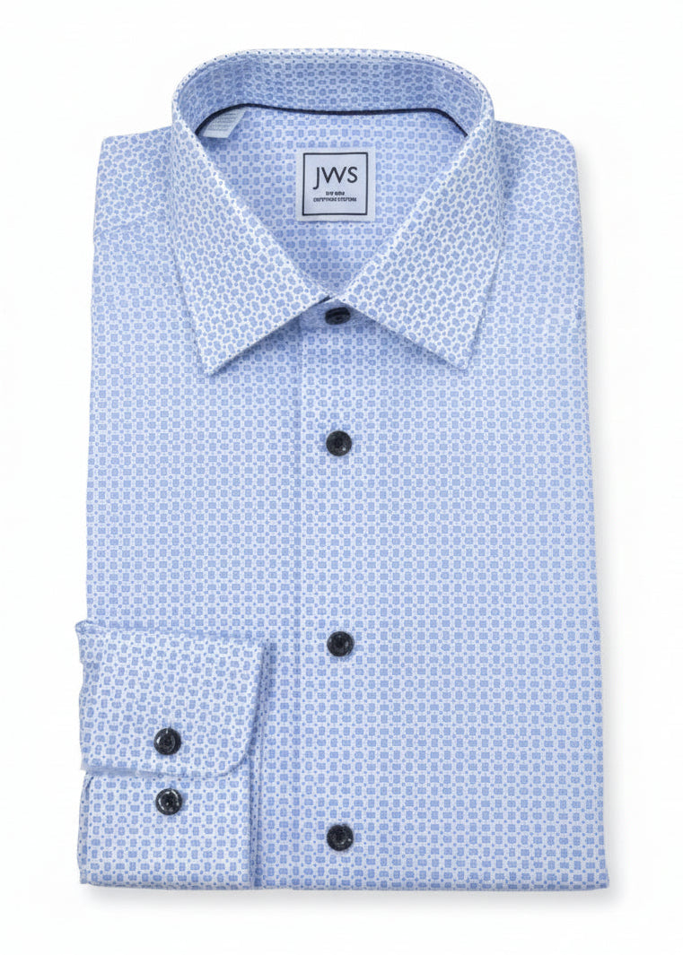 Blue Paisley On White Background Business Casual Printed Shirt