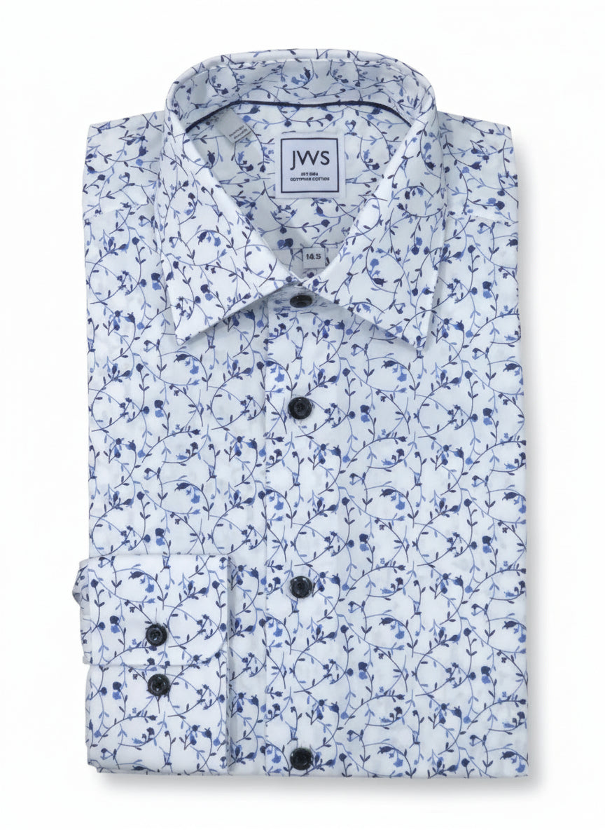 Botanical Navy and Blue Print On White Background Business Casual Printed Shirt