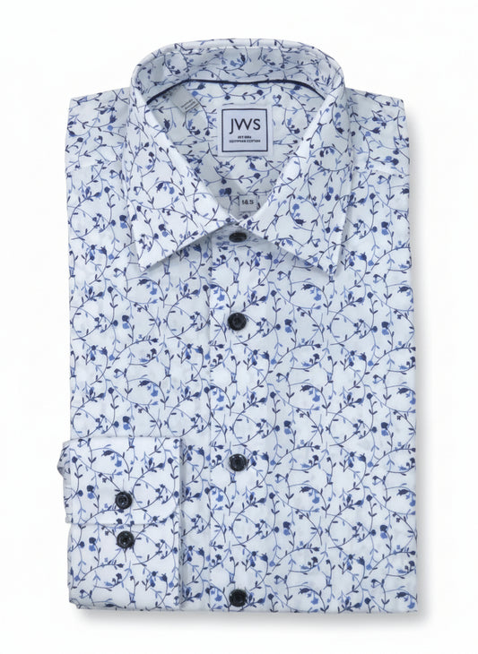 Botanical Navy and Blue Print On White Background Business Casual Printed Shirt