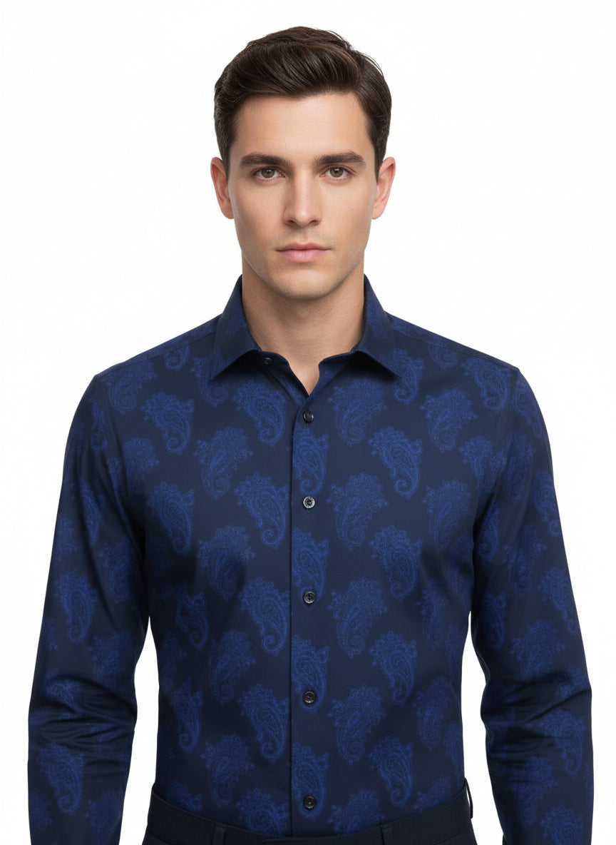 Large Navy Paisley on Black Background Printed Business Casual Shirt