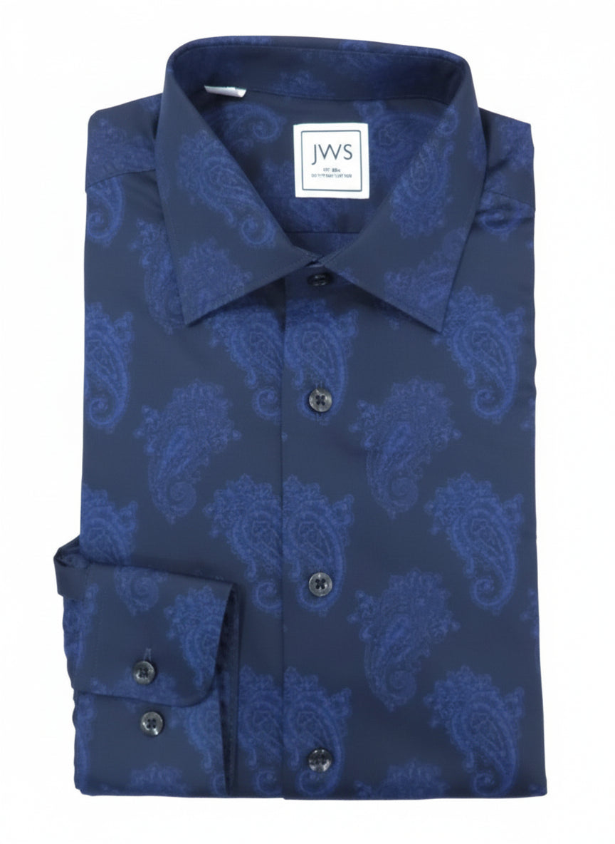 Large Navy Paisley on Black Background Printed Business Casual Shirt