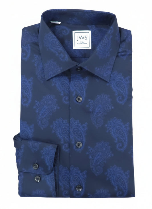 Large Navy Paisley on Black Background Printed Business Casual Shirt