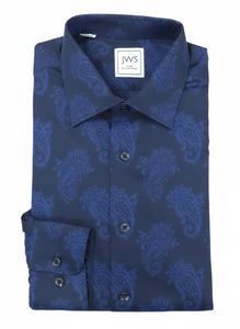 Large Navy Paisley on Black Background Printed Business Casual Shirt