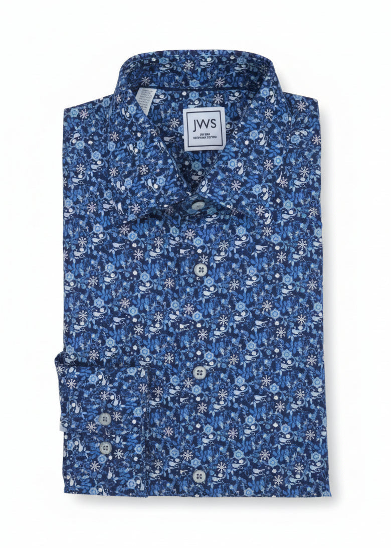 Sky Blue and White Dense, Multi-Tonal Botanical Print On Black Background Printed Business Casual Shirt