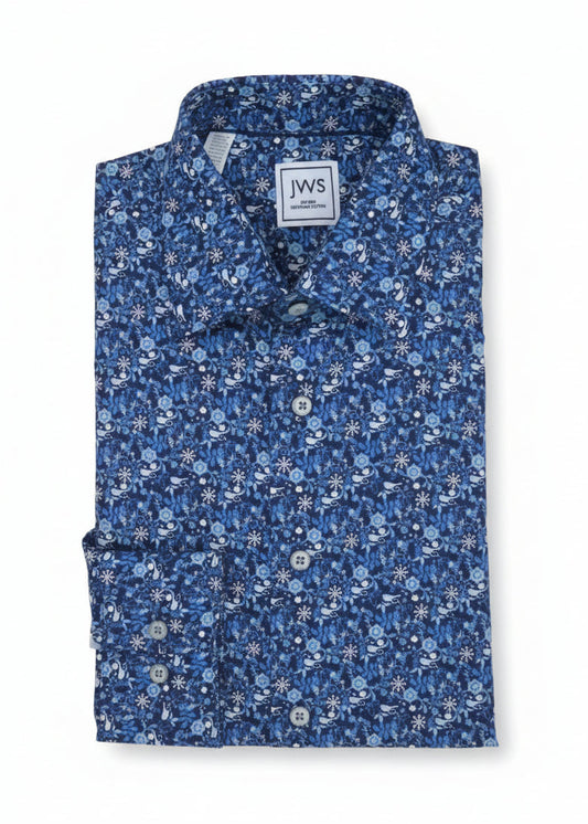 Sky Blue and White Dense, Multi-Tonal Botanical Print On Black Background Printed Business Casual Shirt