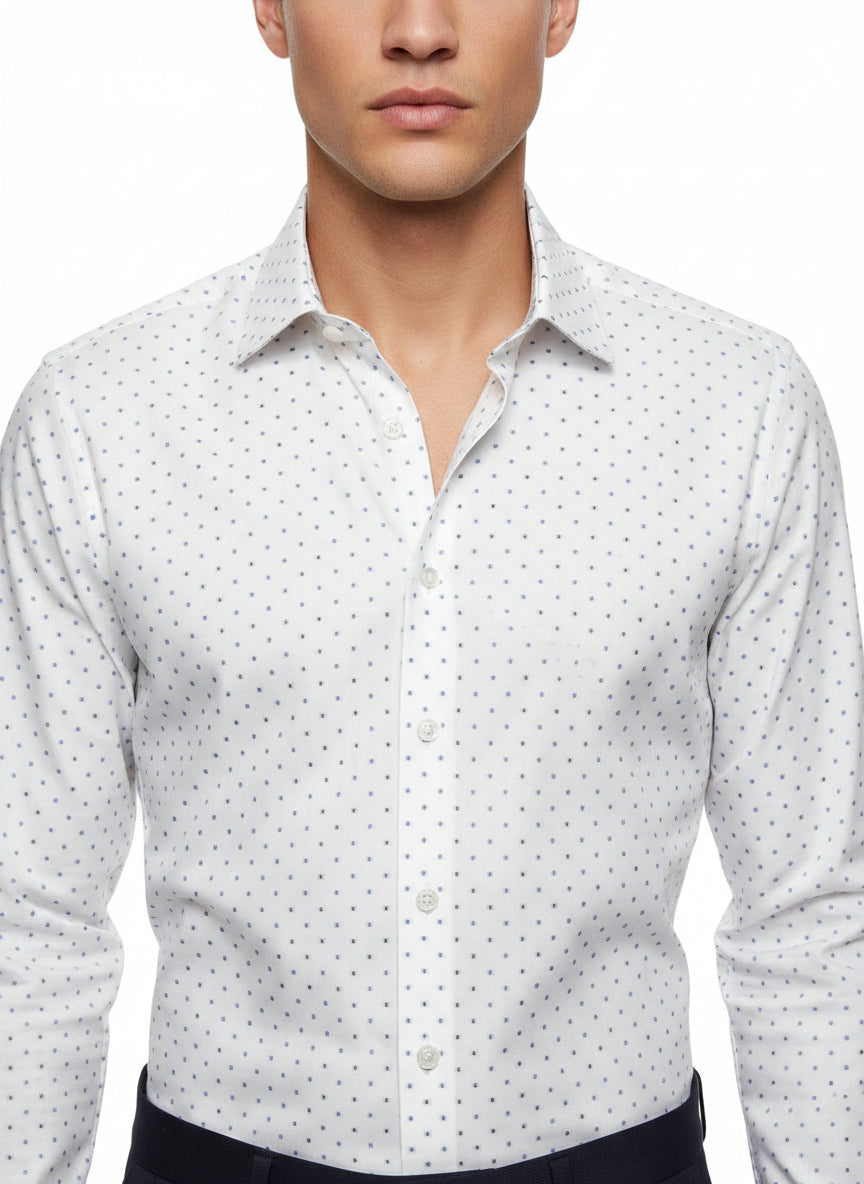 Pin-Dot Geometric Print On White Background Printed Business Casual Shirt