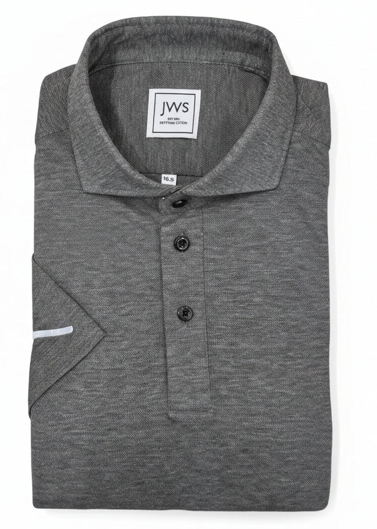 Grey Knitted Pique Polo Shirt Short Sleeve