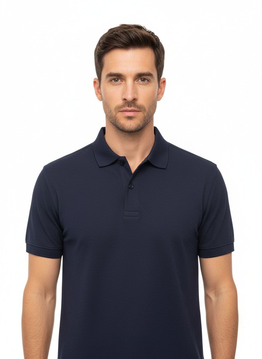 Dark Blue Knitted Pique Polo Shirt Short Sleeve
