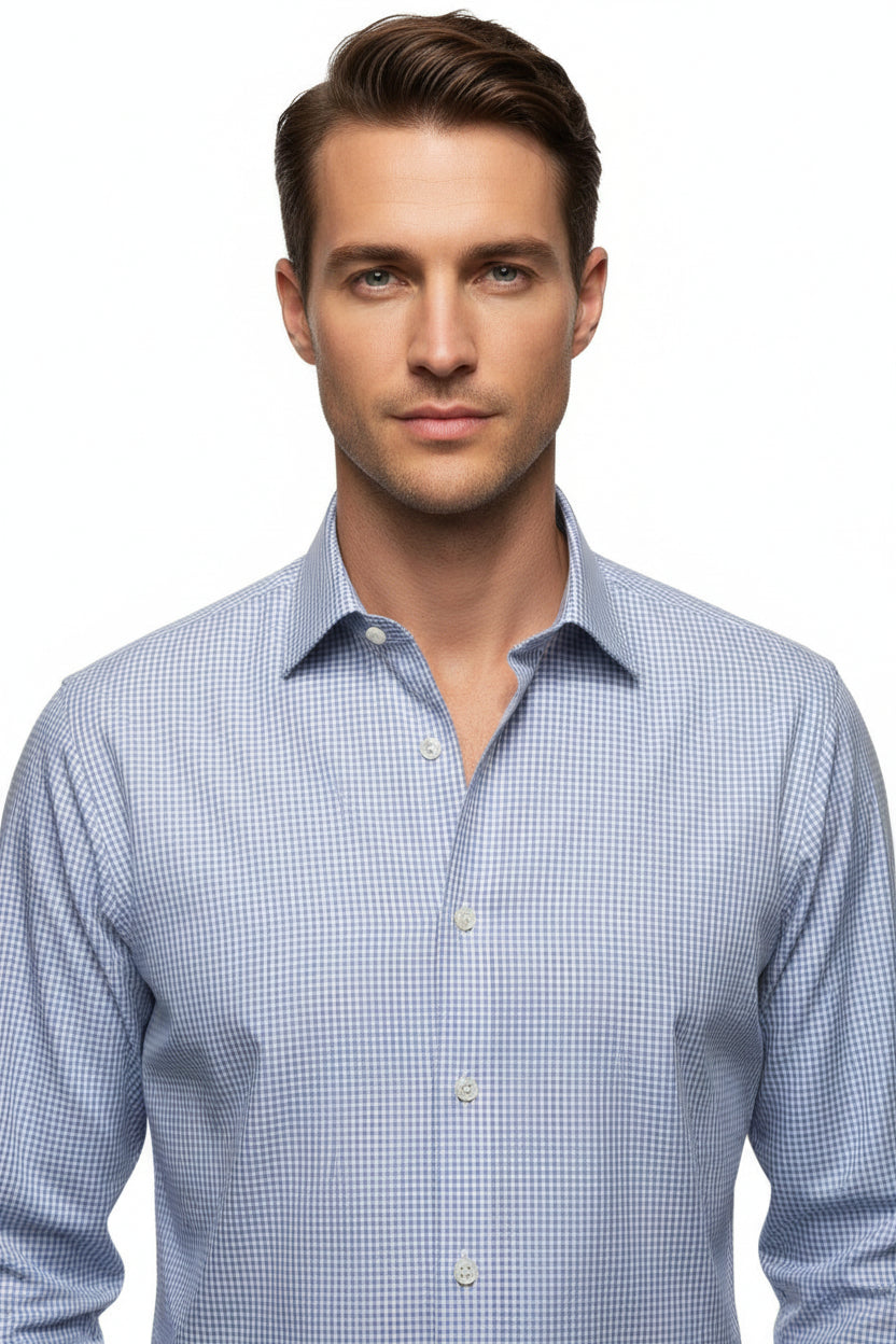 BLUE GINGHAM EGYPTIAN COTTON NON IRON DRESS SHIRT