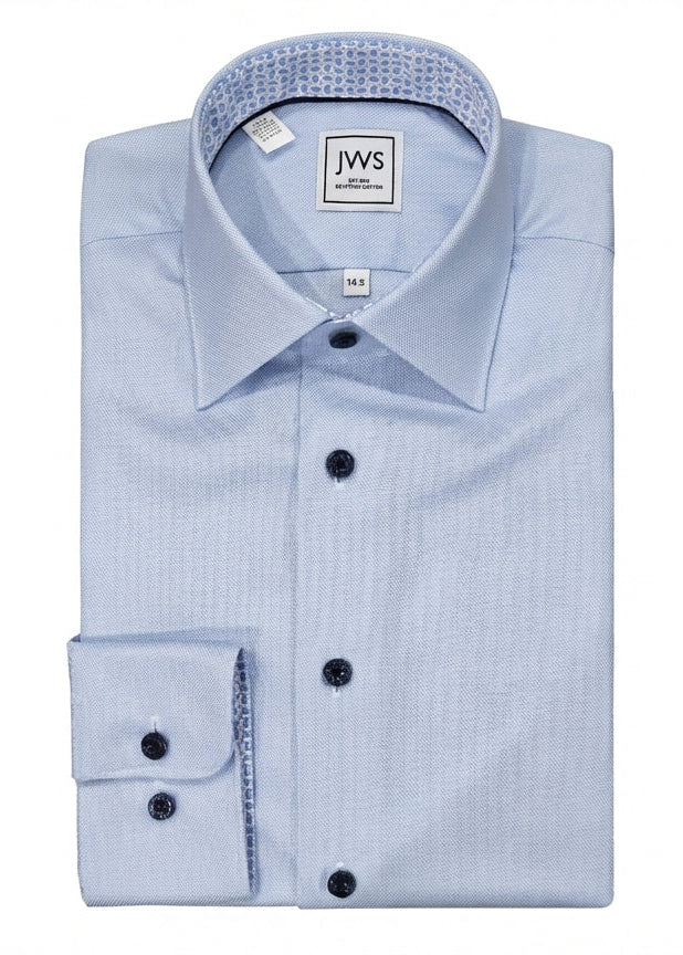 BLUE MICRO HOUNDSTOOTH DRESS SHIRT WITH CONTRASTING BUTTONS, COLLAR AND CUFF