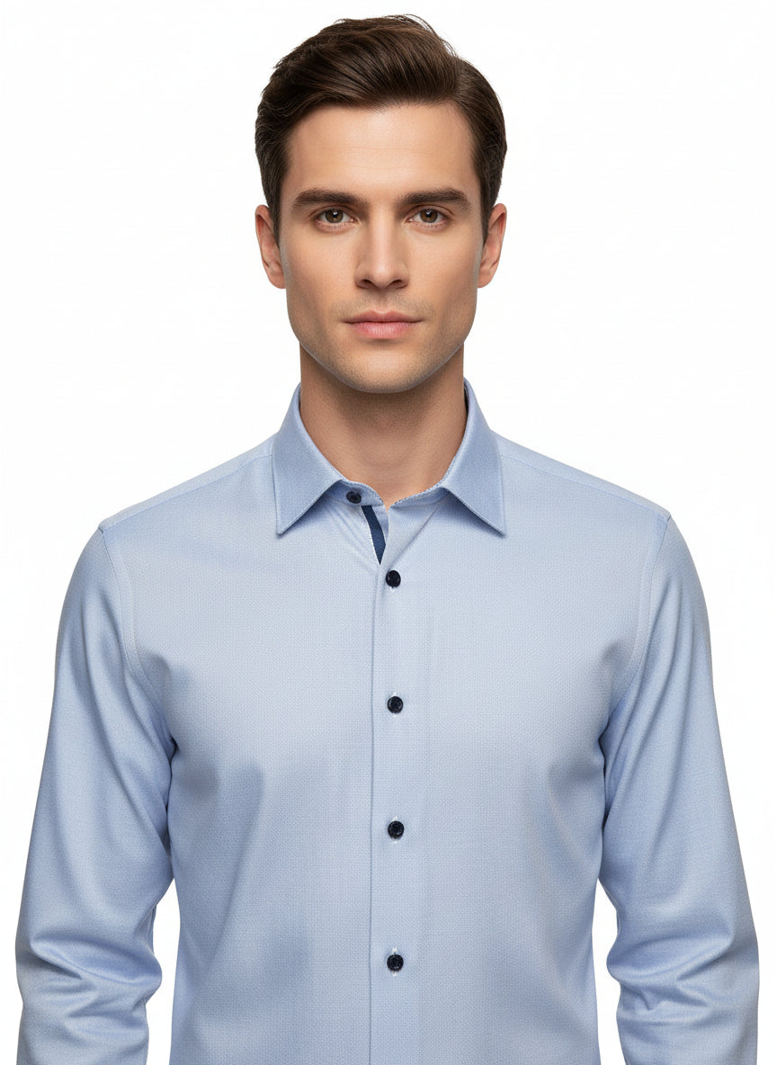 BLUE MICRO HOUNDSTOOTH DRESS SHIRT WITH CONTRASTING BUTTONS, COLLAR AND CUFF