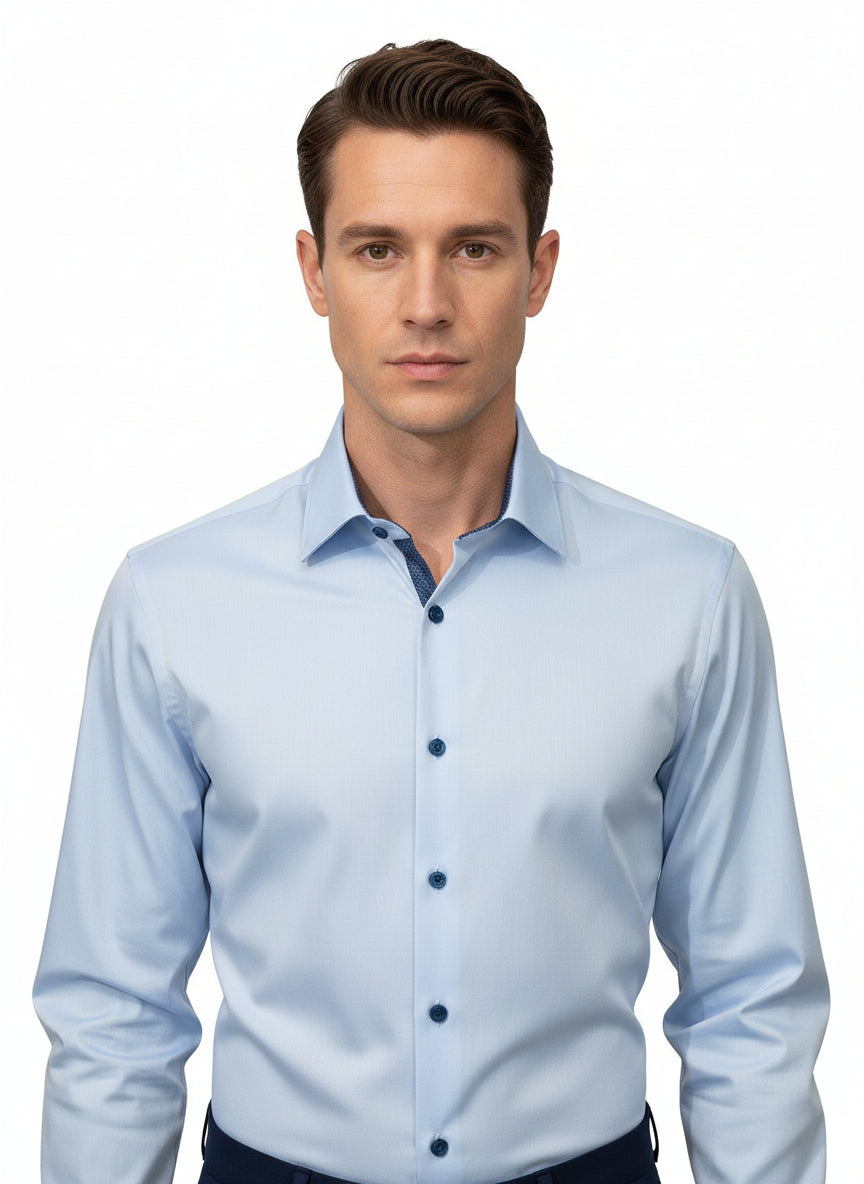 SKY BLUE MICRO TWILL DRESS SHIRT WITH CONTRASTING BUTTONS, COLLAR AND CUFF
