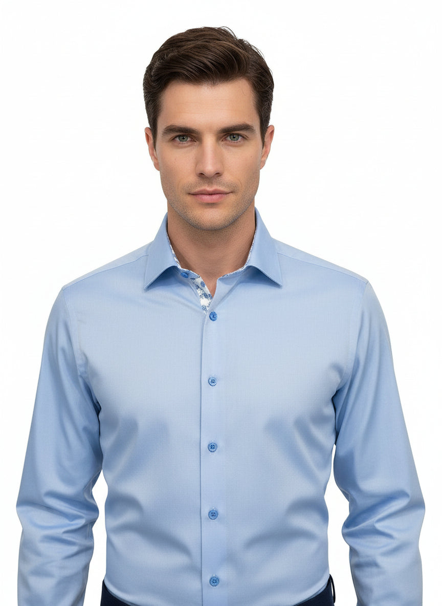 MID BLUE MICRO TWILL DRESS SHIRT WITH CONTRASTING BUTTONS, COLLAR AND CUFF