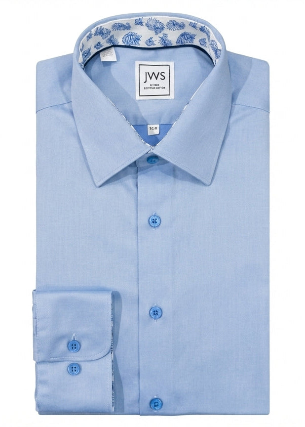 MID BLUE MICRO TWILL DRESS SHIRT WITH CONTRASTING BUTTONS, COLLAR AND CUFF