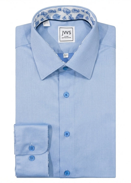MID BLUE MICRO TWILL DRESS SHIRT WITH CONTRASTING BUTTONS, COLLAR AND CUFF