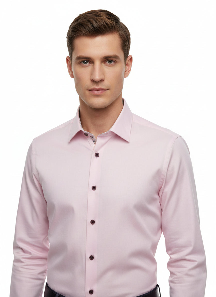 LIGHT PINK MICRO TWILL DRESS SHIRT WITH CONTRASTING BUTTONS, COLLAR AND CUFF