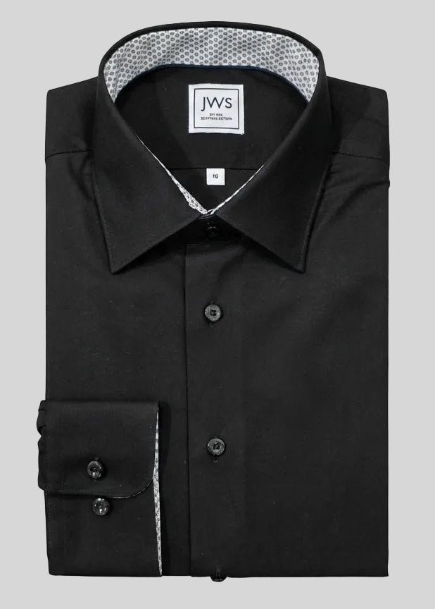 BLACK MICRO TWILL DRESS SHIRT WITH CONTRASTING BUTTONS, COLLAR AND CUFF