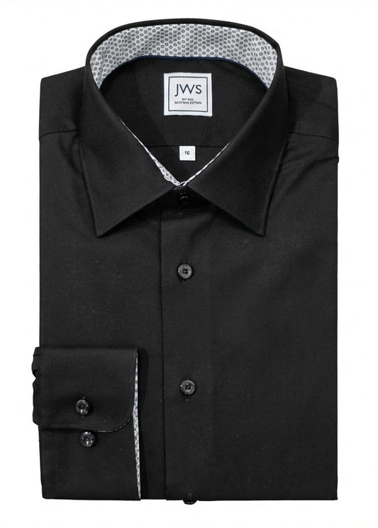 BLACK MICRO TWILL DRESS SHIRT WITH CONTRASTING BUTTONS, COLLAR AND CUFF