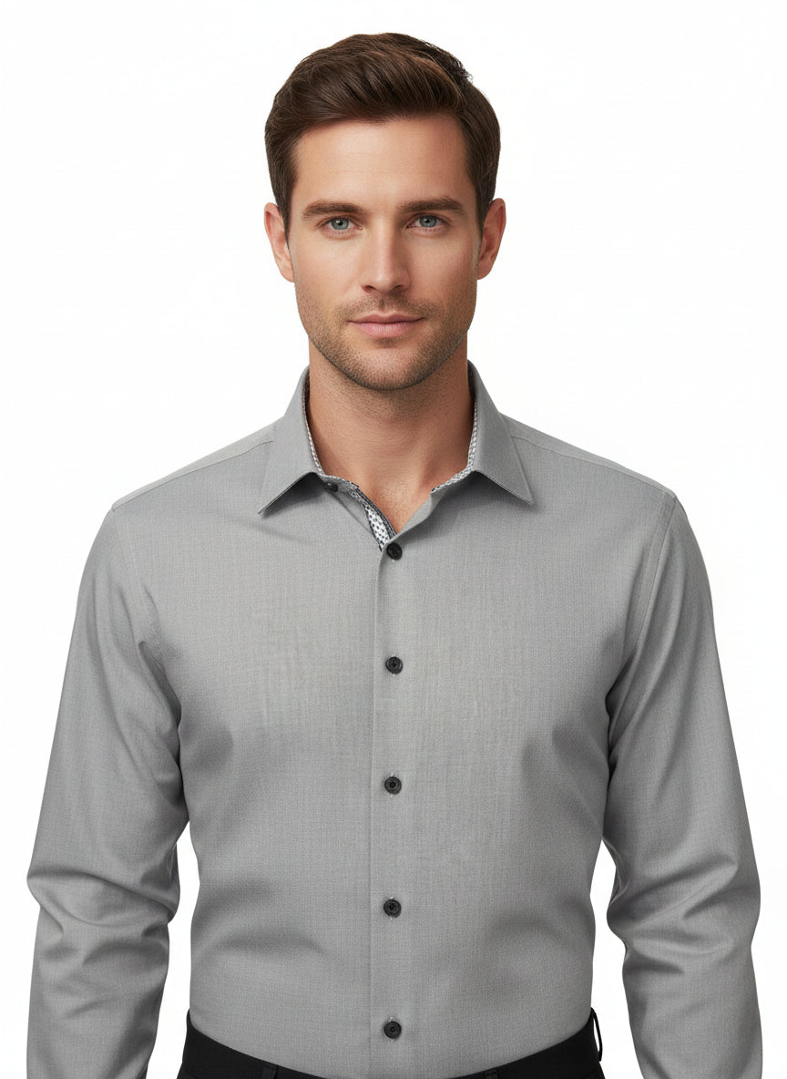 GREY MICRO TWILL DRESS SHIRT WITH CONTRASTING BUTTONS, COLLAR AND CUFF