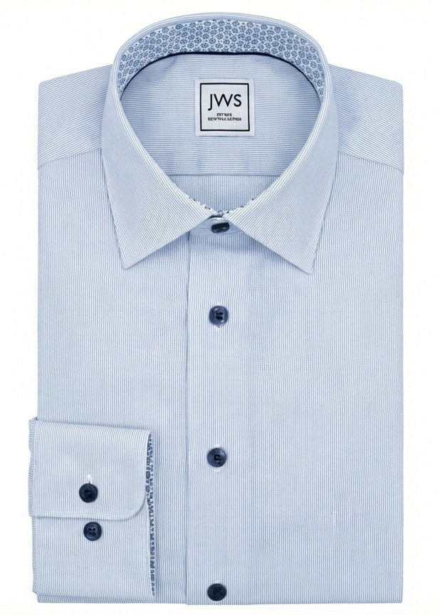 BLUE HAIRLINE DRESS SHIRT WITH CONTRASTING BUTTONS, COLLAR AND CUFF