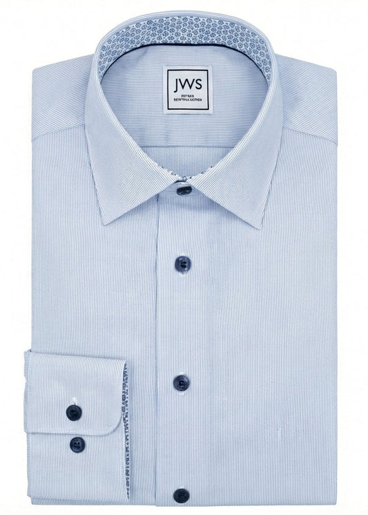 BLUE HAIRLINE DRESS SHIRT WITH CONTRASTING BUTTONS, COLLAR AND CUFF