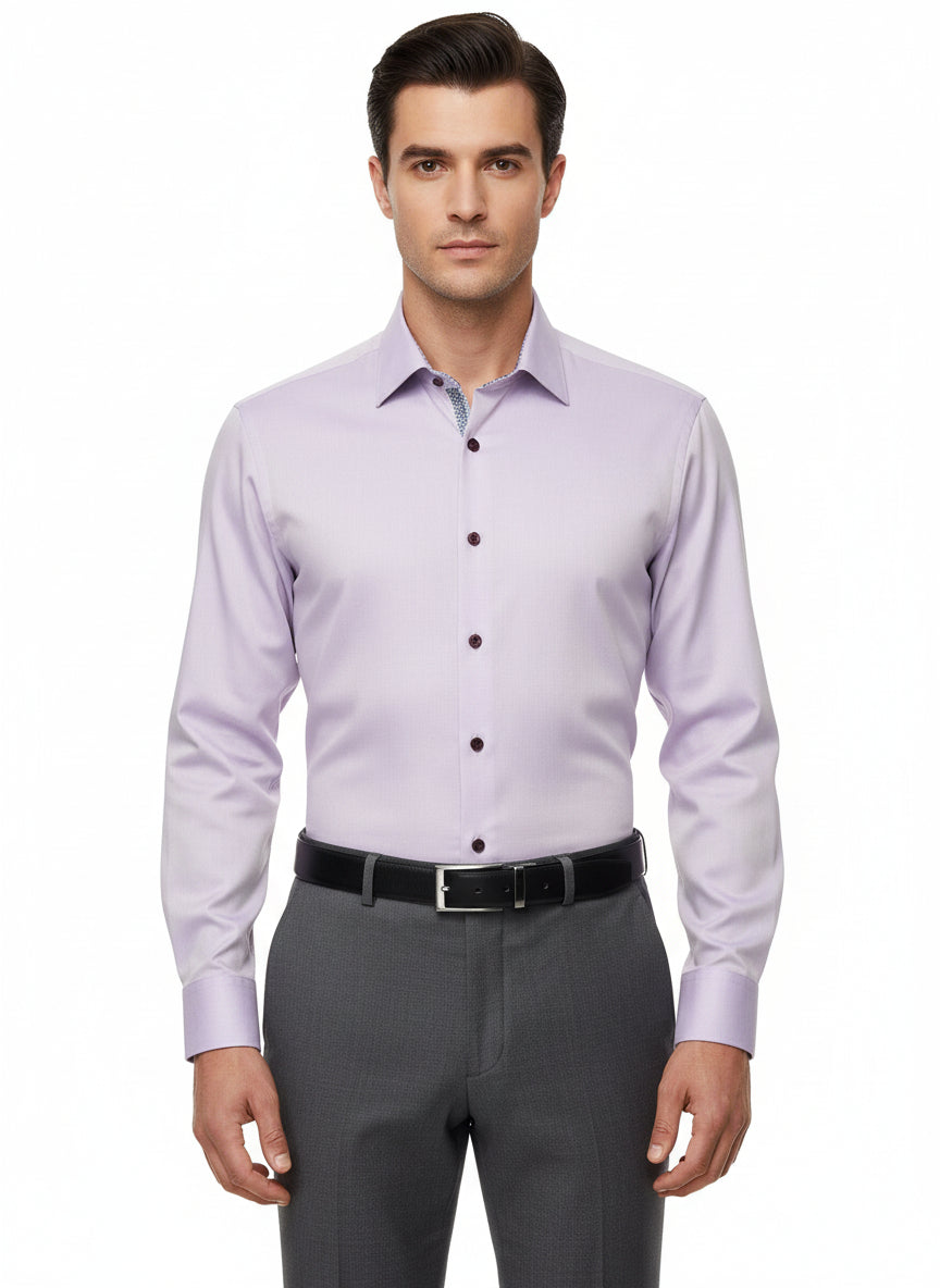 LILAC MICRO TWILL DRESS SHIRT WITH CONTRASTING BUTTONS, COLLAR AND CUFF