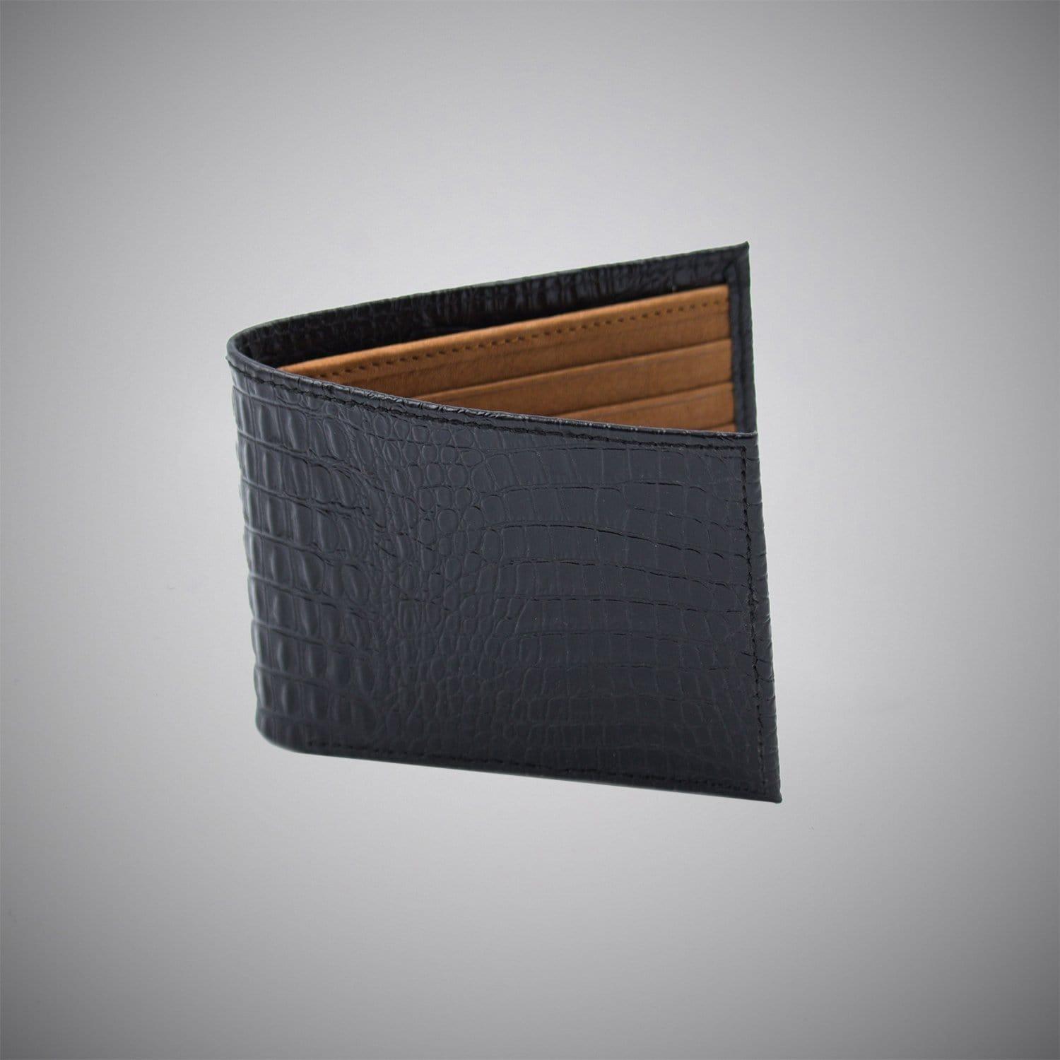 Black Crocodile Skin Embossed Calf Leather Wallet With Tan Suede Interior - Just White Shirts