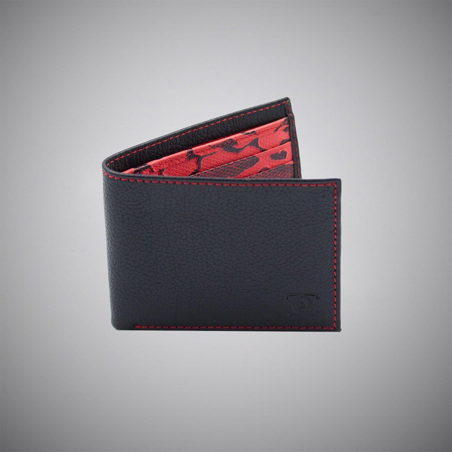 Black Embossed Calf Leather Wallet With Red Stitching And A Red And Black Embossed Leather Interior - Just White Shirts