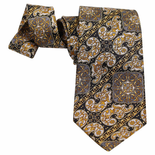 BLACK GOLD AND WHITE PAISLEY STRIPE SILK TIE - Just White Shirts